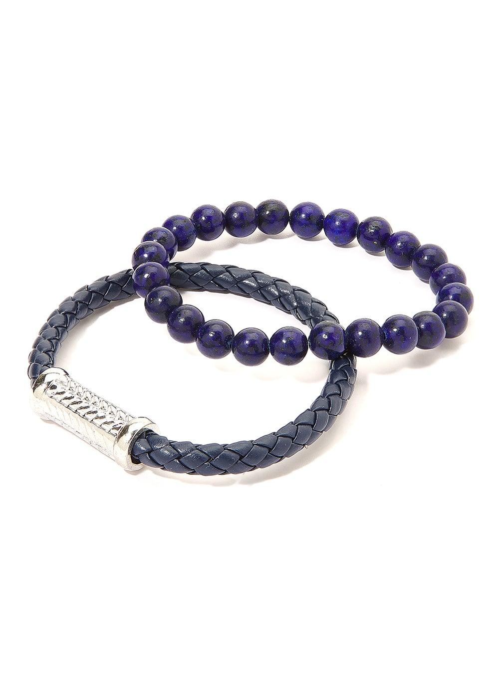 English Laundry Men's Blue and Silver Leather Bead Bracelet Duo - Image 1