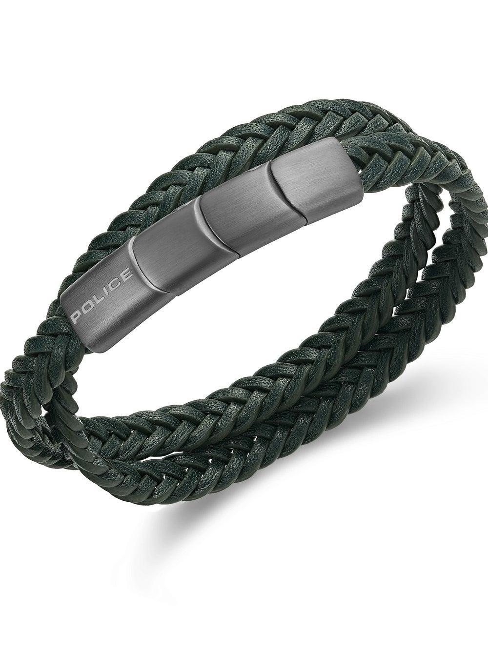 POLICE Dark Green Leather Braided Gents Bracelet - Image 1
