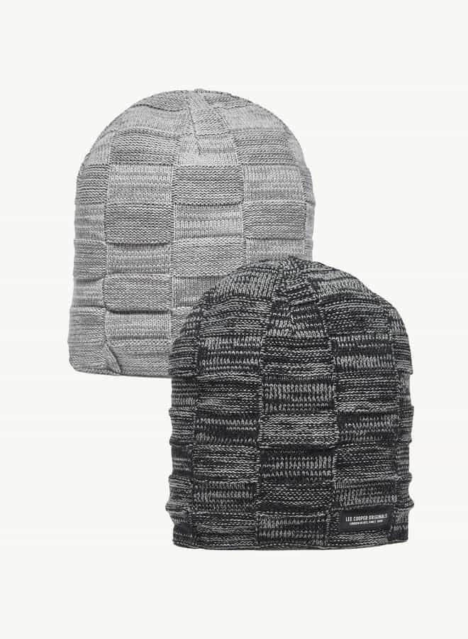 Lee Cooper Textured Logo Applique Beanie Cap Twin Pack - Image 1