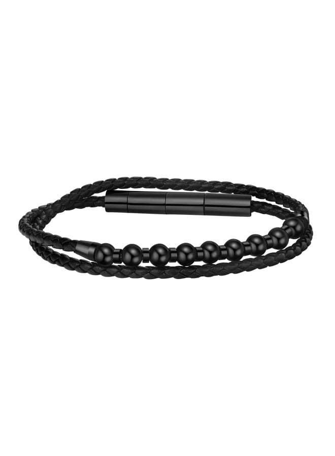 POLICE Kingpins Men’s Black Leather & Beaded Bracelet - Image 1