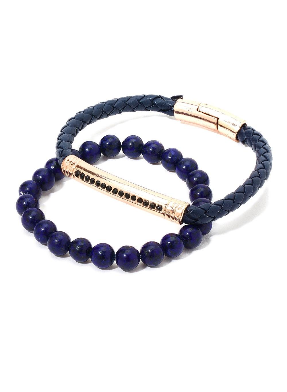 English Laundry Men's Leather and Bead Bracelet Duo - Black/Blue/Gold - Image 1