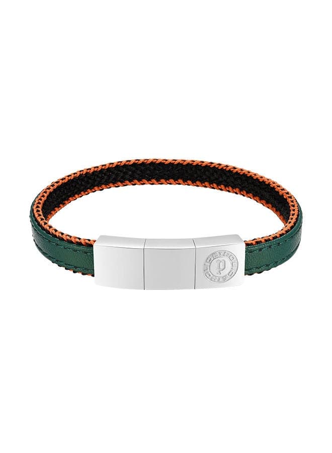 POLICE Intertwined Dark Green Leather Bracelet with Stainless Steel Logo - Image 1