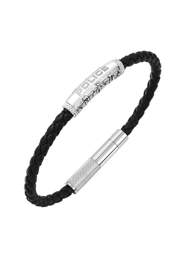 POLICE Warren Black Leather & Steel Logo Bracelet PEAGB0033601 - Image 1