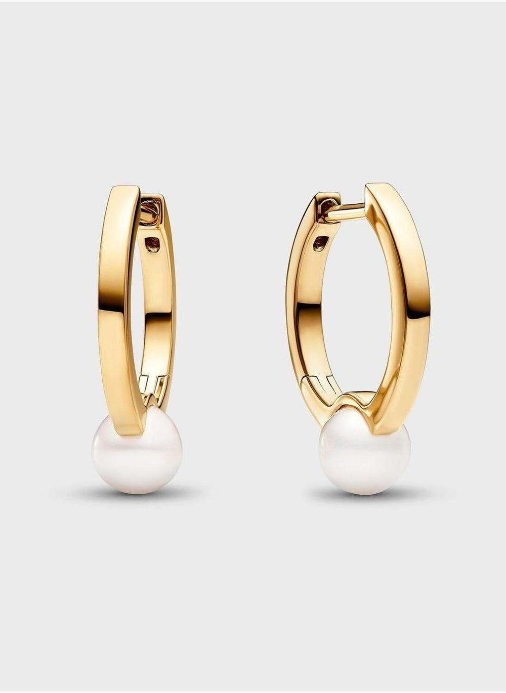PANDORA 14k Gold Plated Pearl Hoop Earrings - Timeless Collection - Image 1