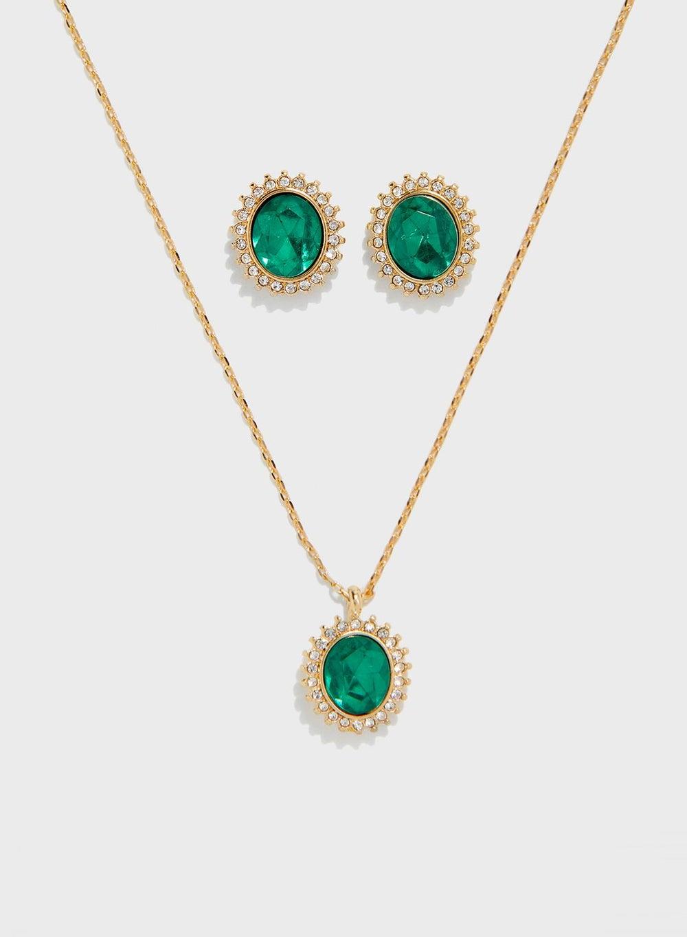 ELLA Gold-Tone Necklace & Earrings Set with Green Crystals - Image 1