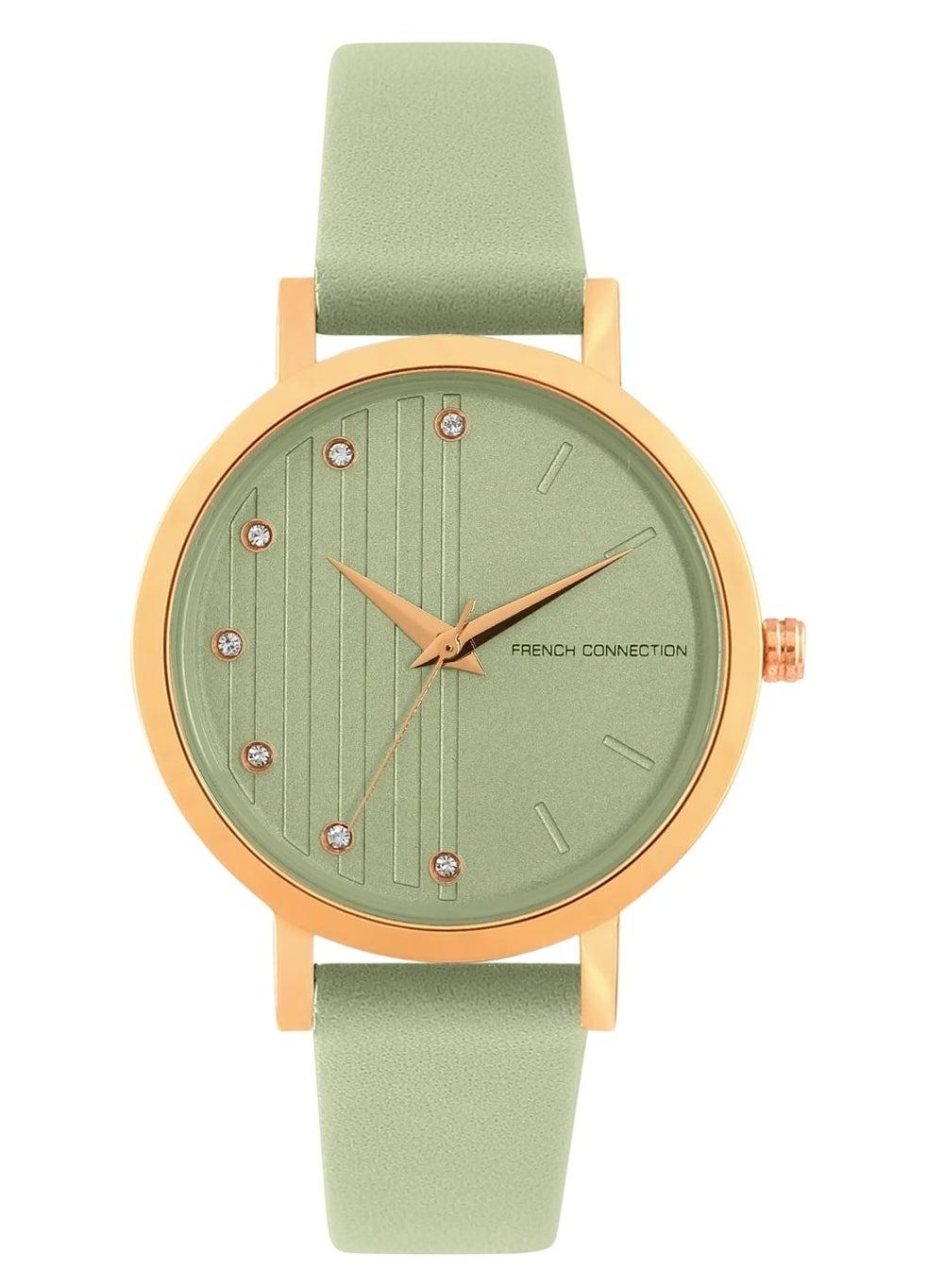French Connection Quartz Elegance: Green Dial & Leather Strap - Image 1