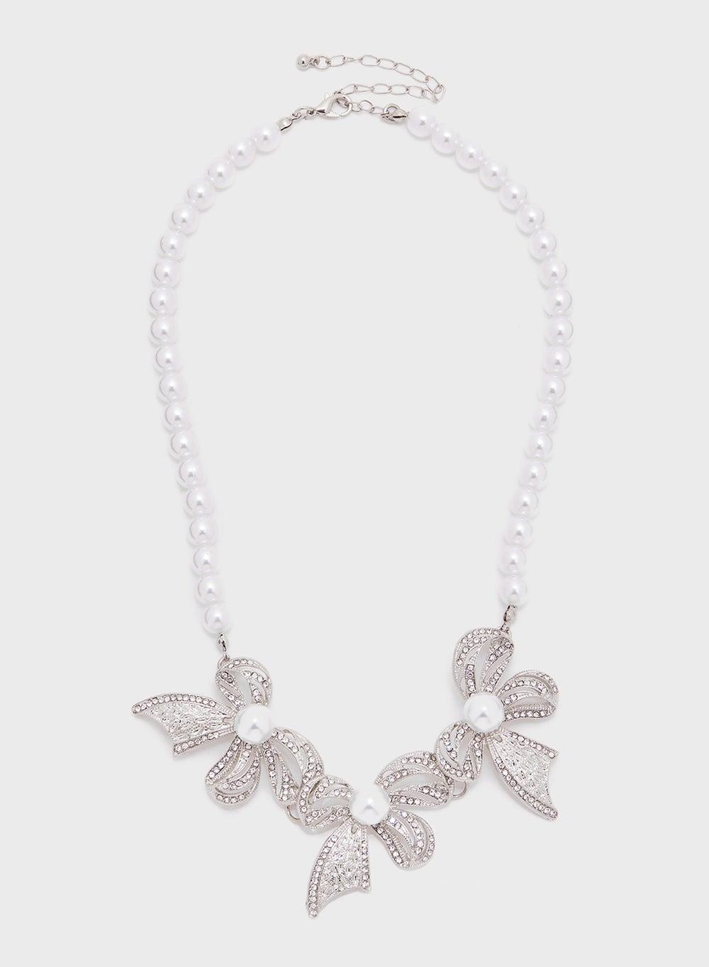 Ginger Pearl Elegance: Diamante Bow Necklace for Women - Image 1