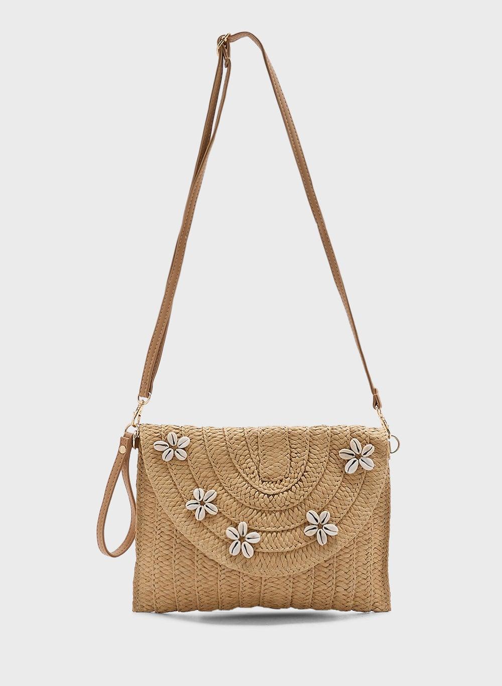 Ginger Shell Elegance: Raffia Clutch Bag for Chic Evenings - Image 1