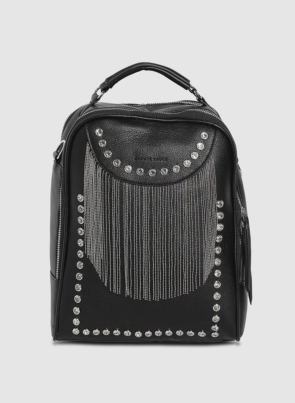 Haute Sauce Fringed Mini Backpack - Chic Black Elegance - Image 1