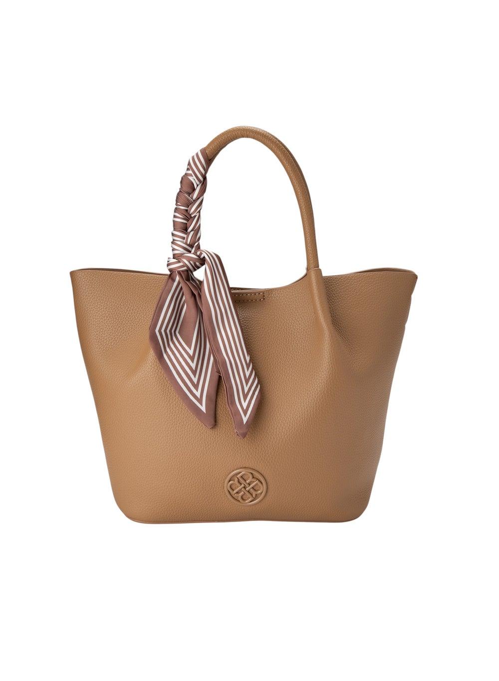Elegant Beige Bata Top Handle Bag with Chic Scarf Detail - Image 1