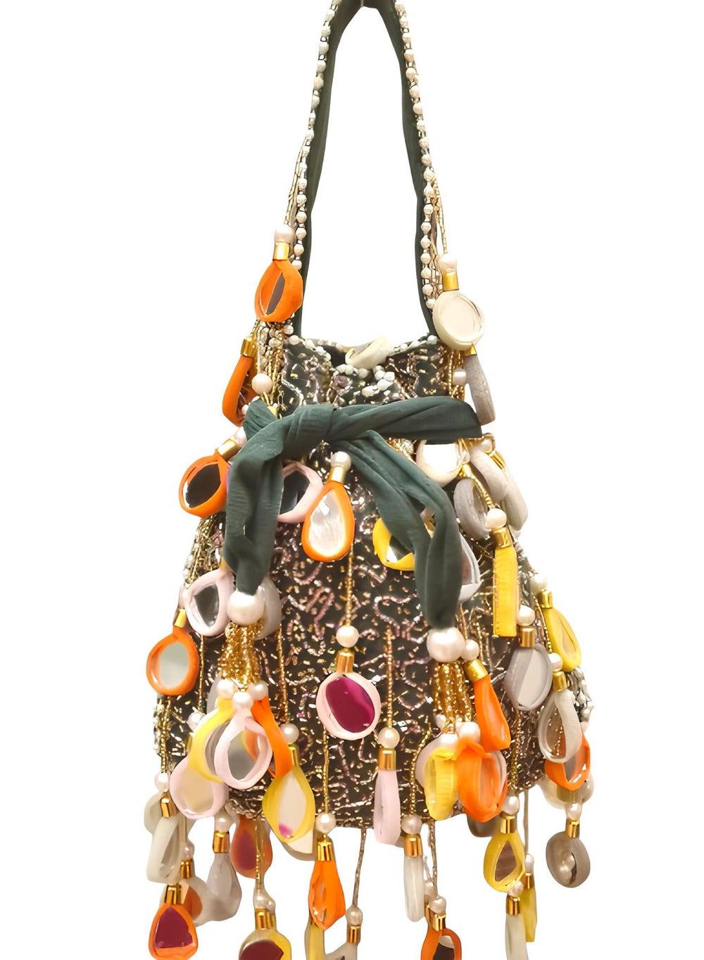 Harsha's Glam Clutches - Mirror Tassel Potli Elegance - Image 1