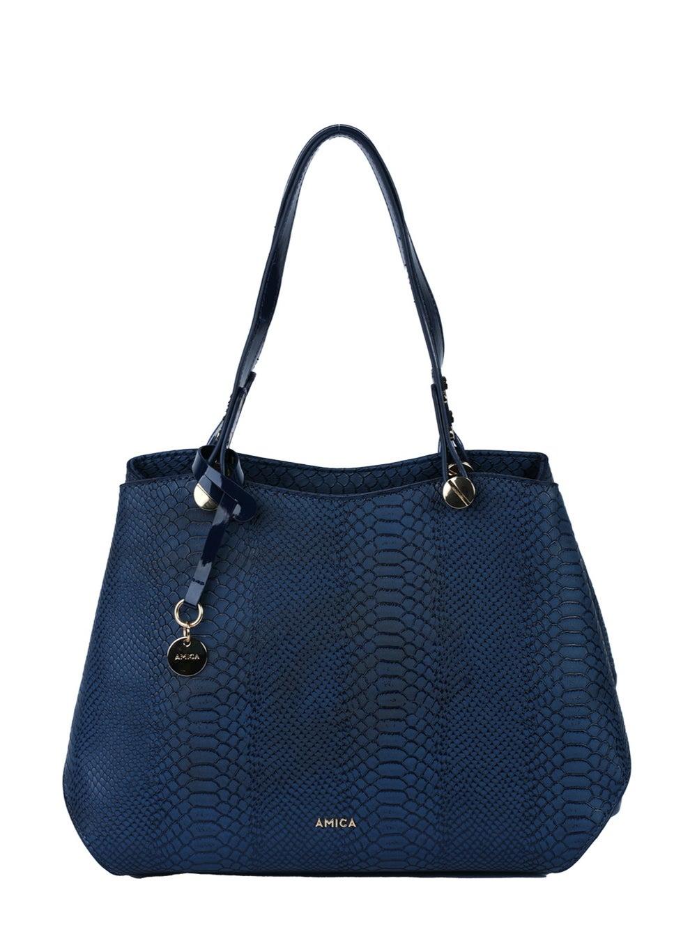 AMICA Alma Navy Blue Leather Satchel with Reptile Finish - Image 1