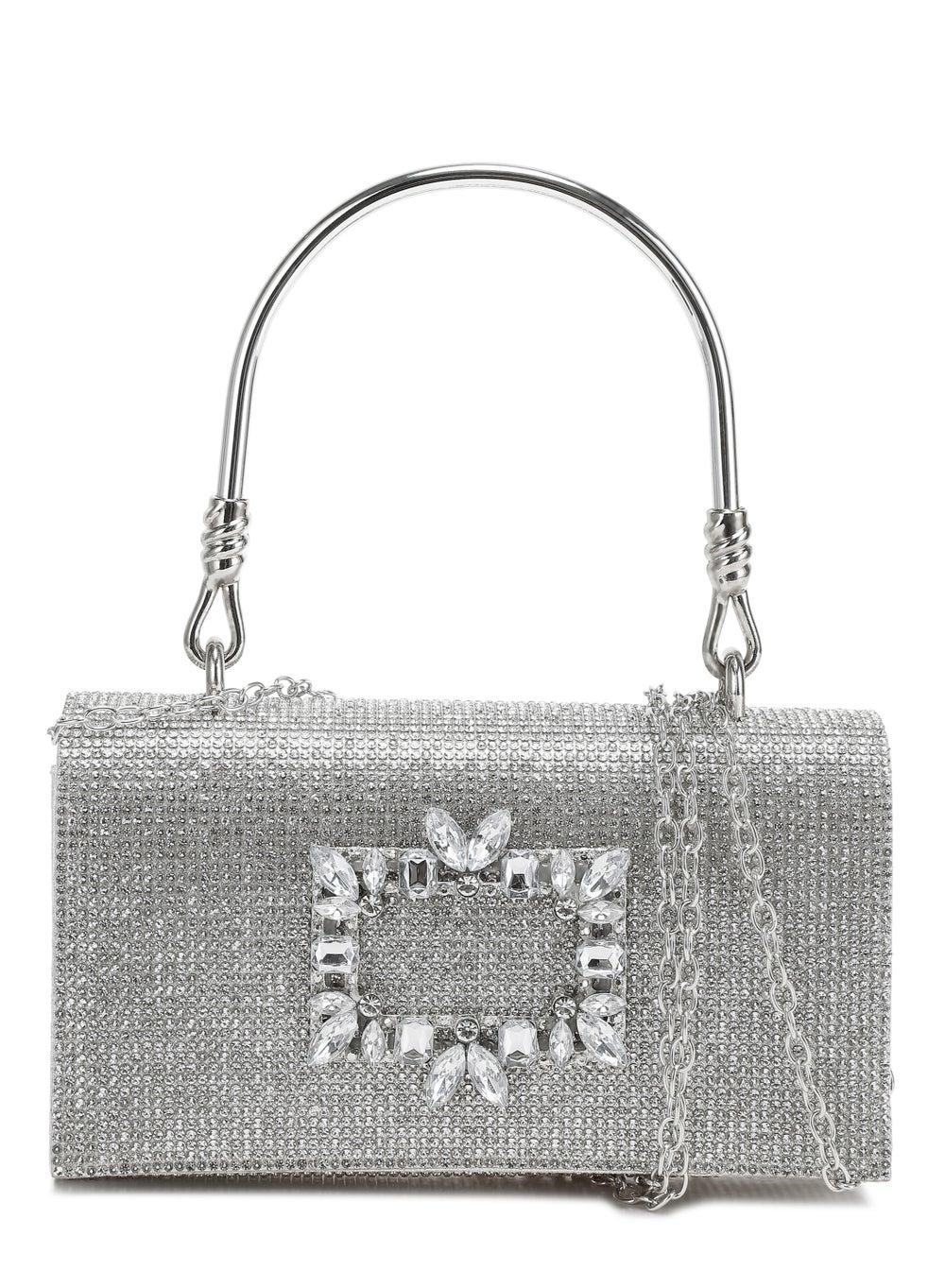 London Rag Silver Rhinestone Mini Bag with Diamante Brooch - Image 1