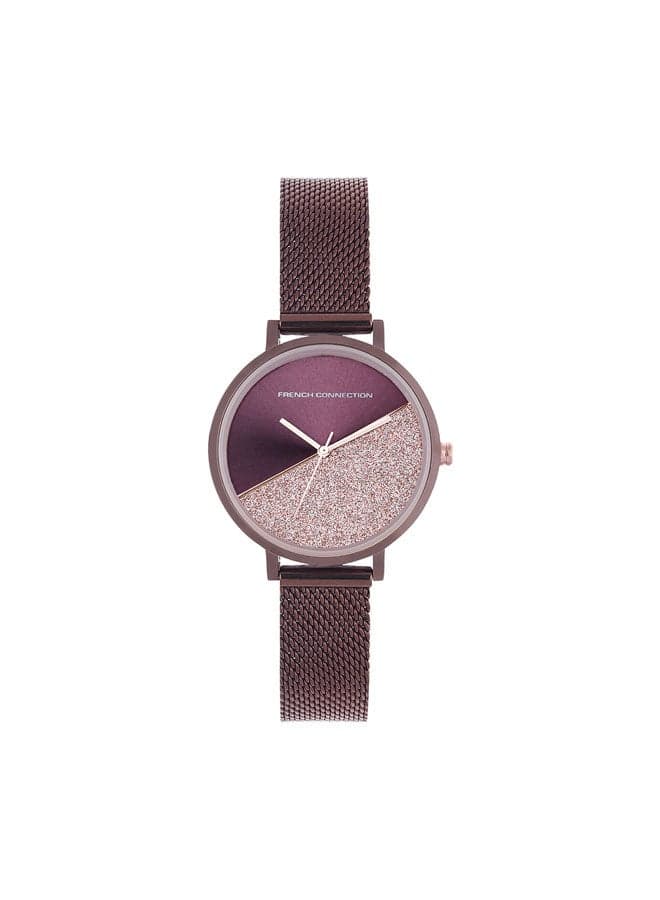 French Connection Elegant Purple Dial Watch with Brown Mesh Band - Image 1