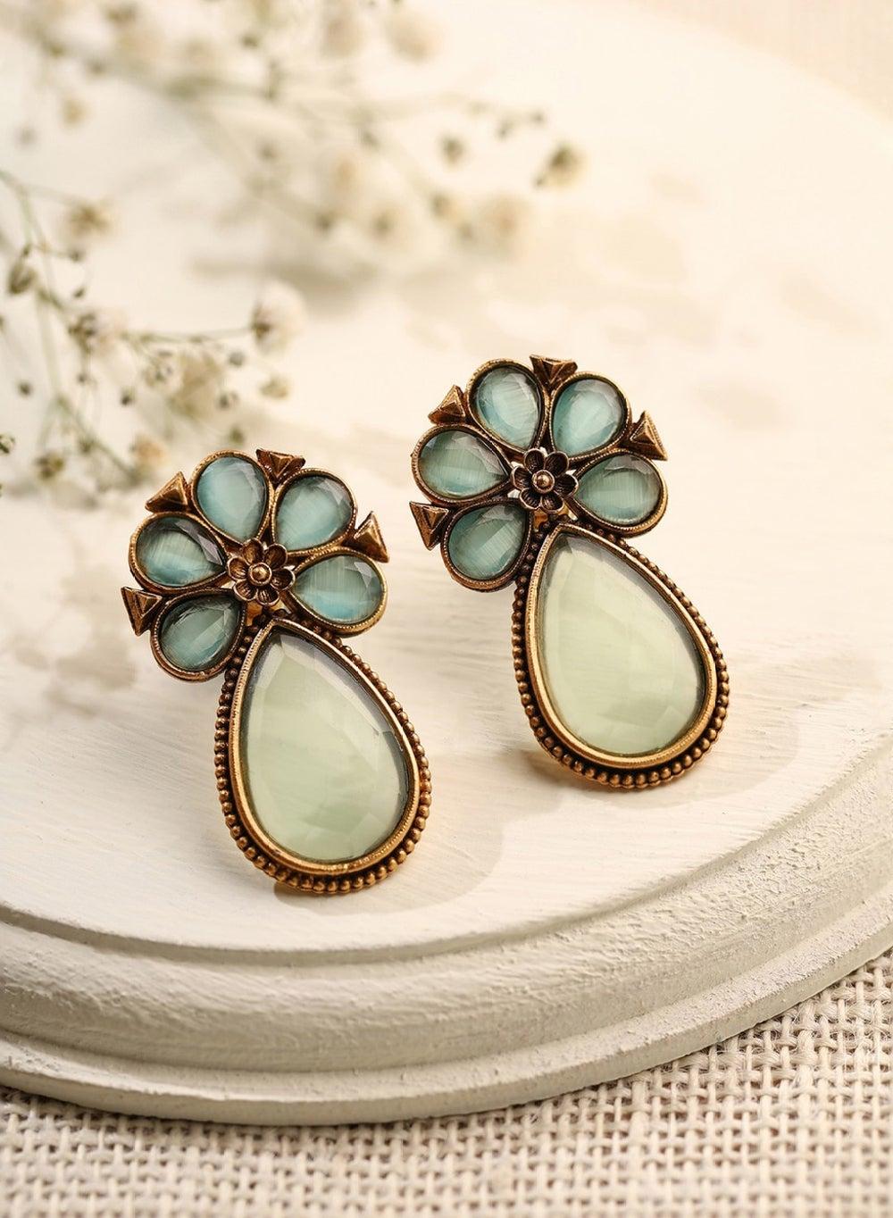 Priyaasi Artisan Gold & Green Studded Drop Earrings - Image 1