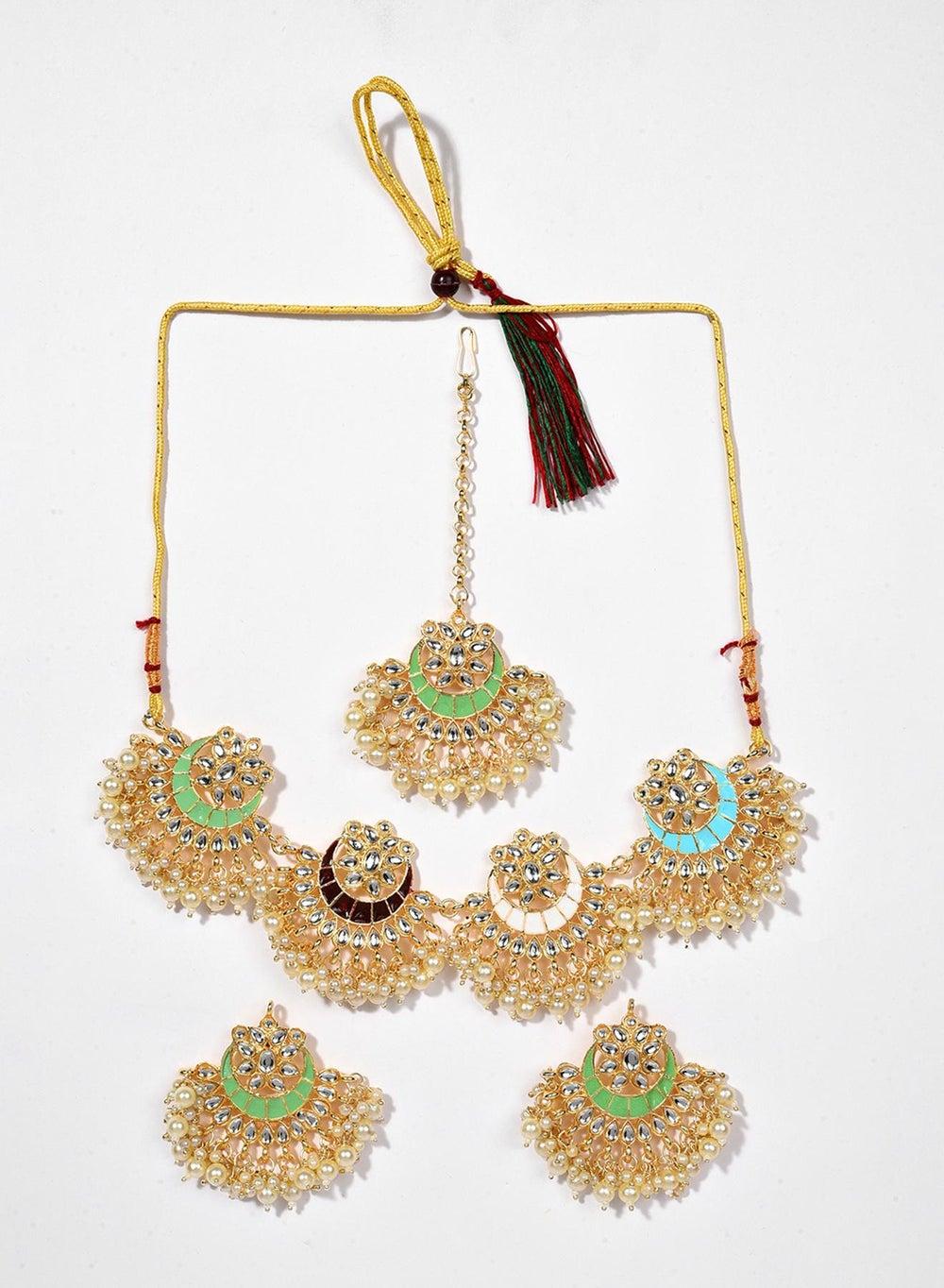 SOHI Green Pearls-Studded Elegance Jewellery Set - Image 1
