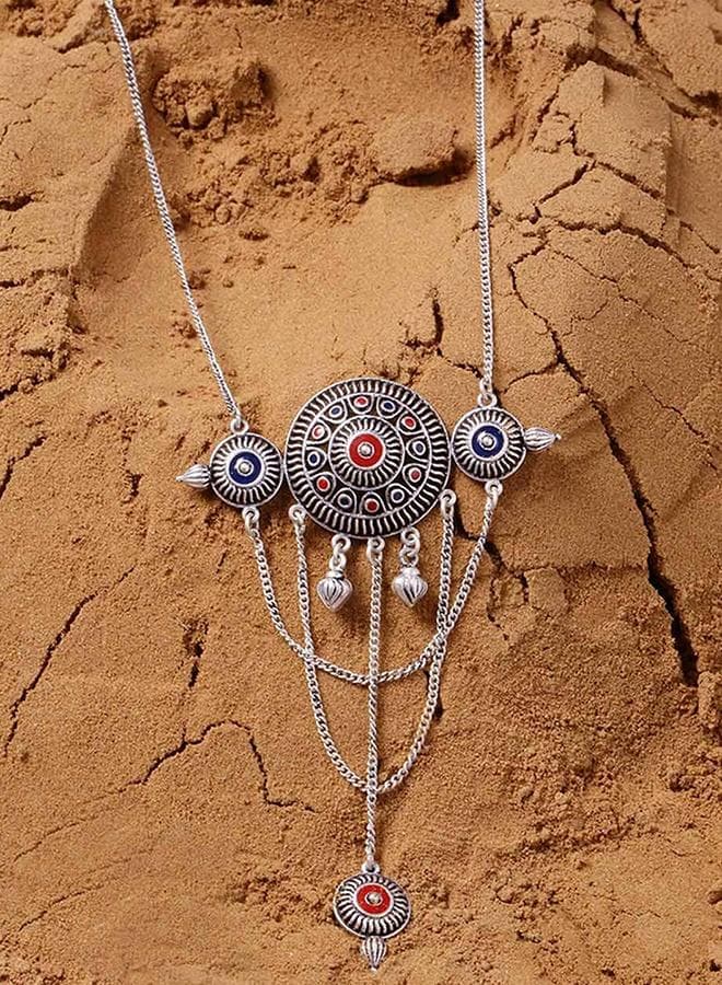 VOYLLA Mandala Elegance Oxidized Silver Drop Necklace - Image 1