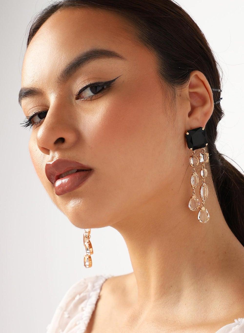 SOHI Green Stone Elegance: Contemporary Drop Earrings - Image 1
