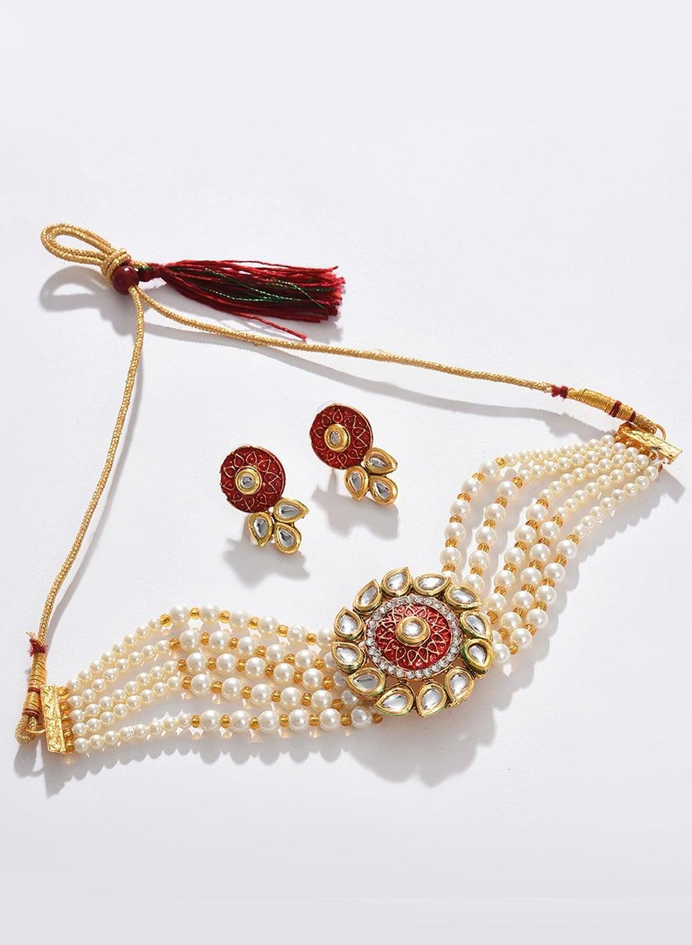 SOHI Stone-Studded Beaded Elegance: Layered Necklace & Earrings Set - Image 1