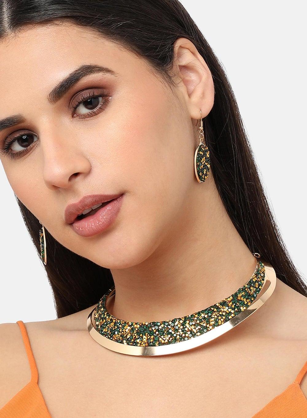 SOHI Glamorous Gold Plated Green Choker Necklace Set - Image 1