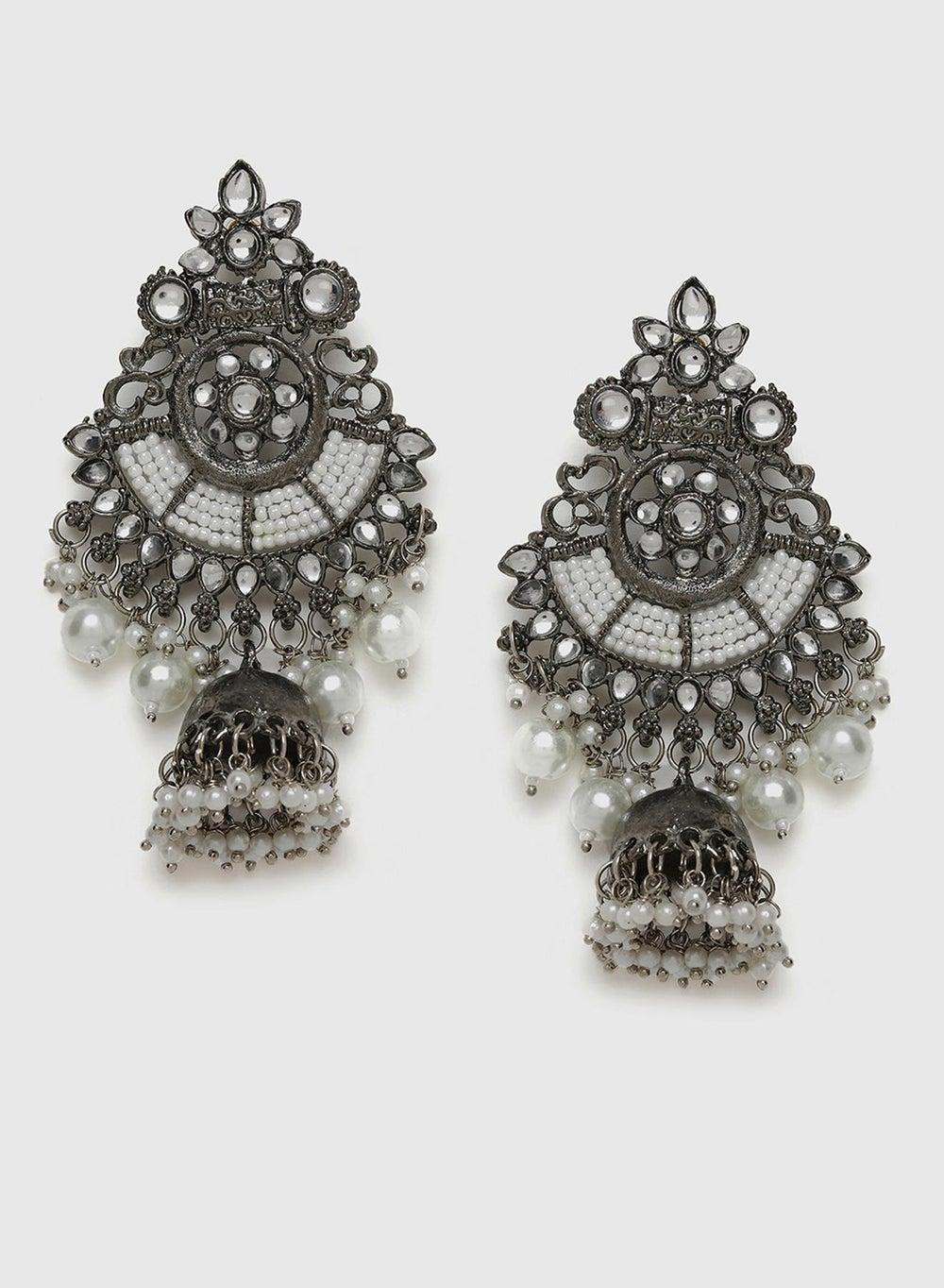 SOHI White Oxidised Stone Elegance Drop Earrings - Image 1