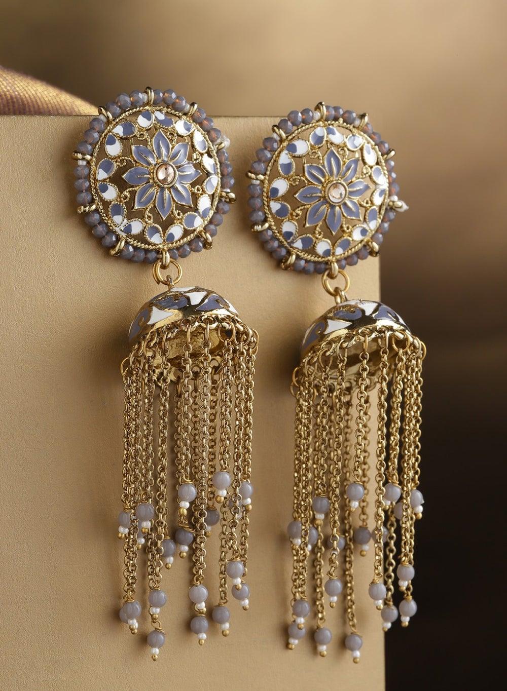 Priyaasi Enamelled Grey Dome Jhumkas Stone & Bead Detail - Image 1