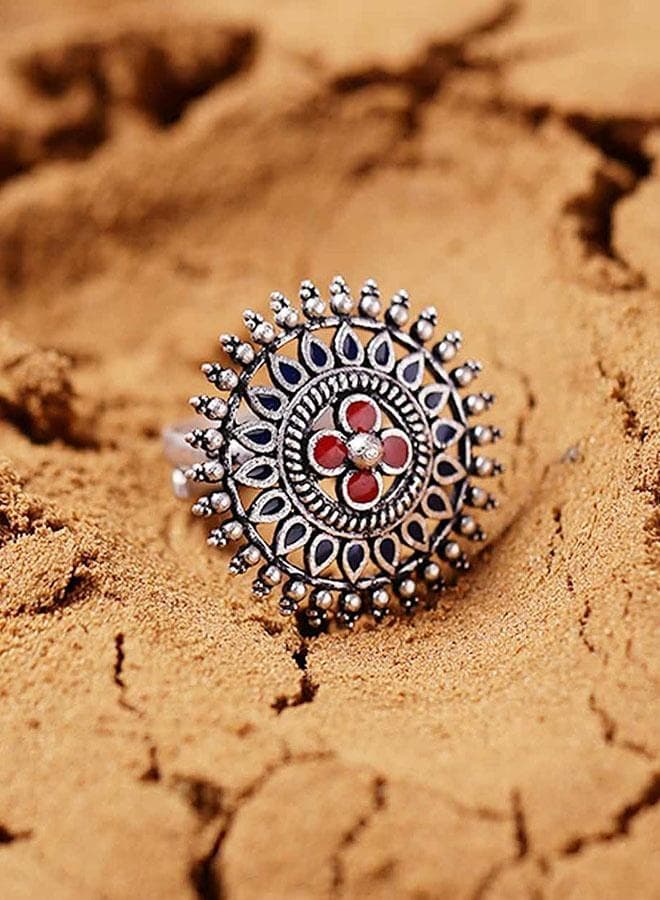 VOYLLA Mandala Floral Oxidized Silver Finger Ring - Image 1