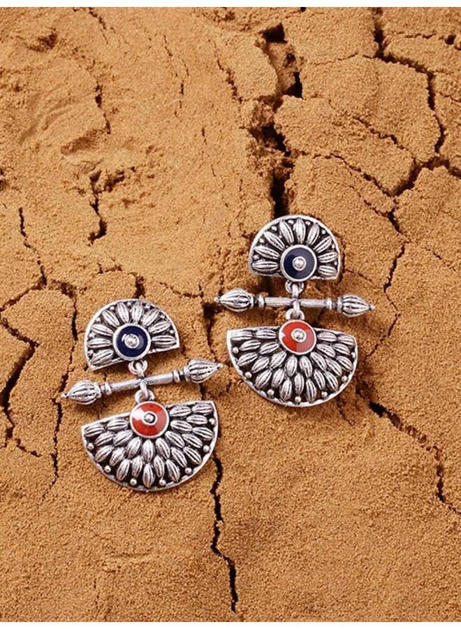 VOYLLA Mandala Brass Drop Earrings with Oxidized Silver Finish - Image 1