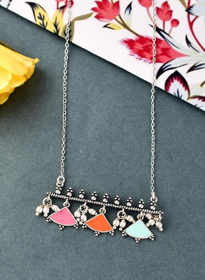 VOYLLA Bagh E Fiza Enamel Brass Pendant - Silver Plated - Image 1