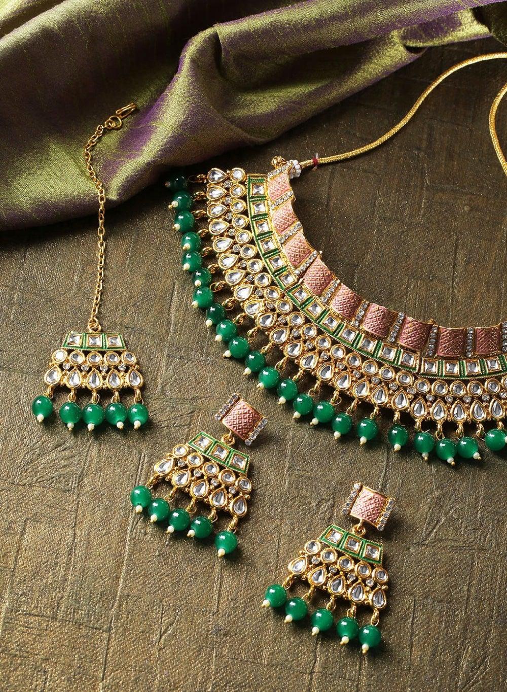 Priyaasi Green & Pink Kundan-Studded Elegant Jewellery Set - Image 1