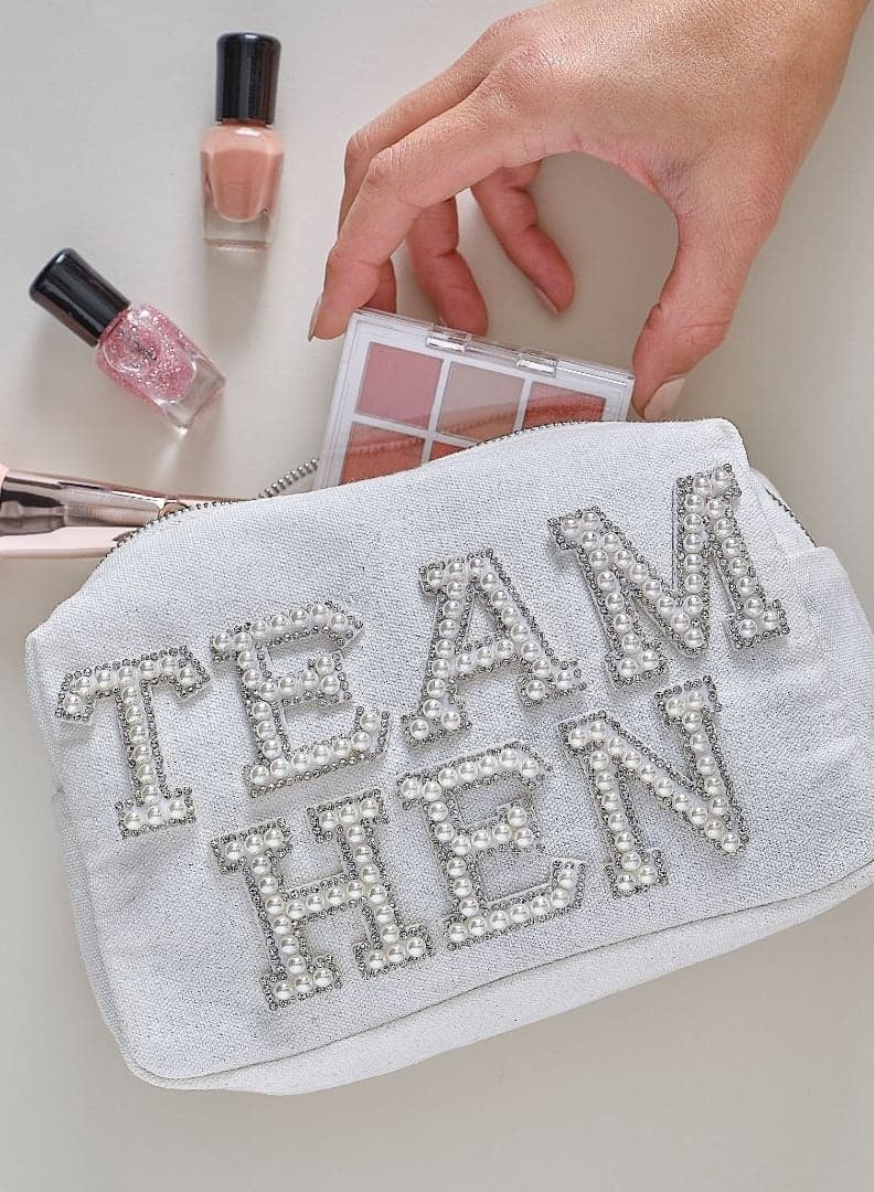Team Hen Pearl-Embellished Bridal Makeup Bag - Image 1