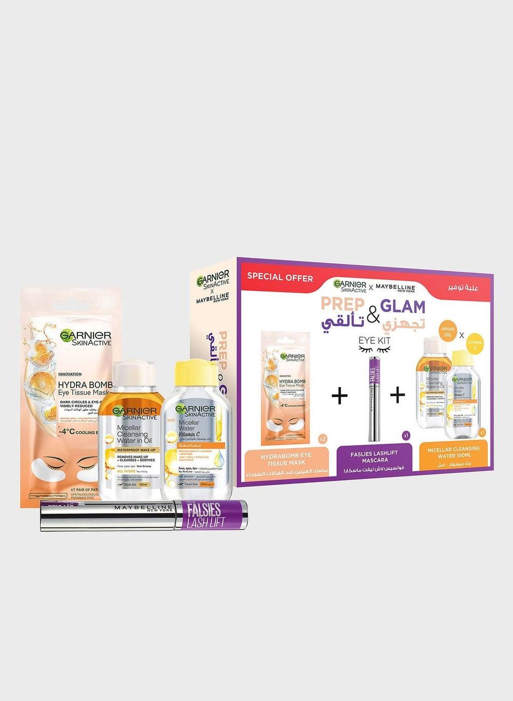 Prep & Glam Bundle: Hydra Bomb Eye Tissue Masks, Micellar Water & Falsies LashLift - Image 1