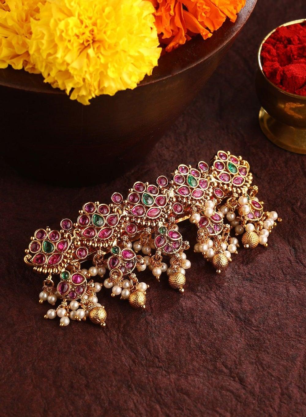 Na Gold & Red Beaded French Barrette for Women - Image 1