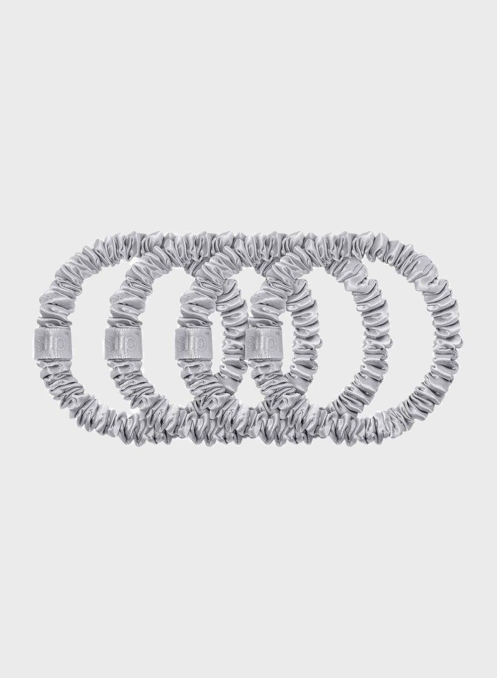 Slipsilk Pure Silk Skinny Scrunchies - Set of 4 Silver - Image 1