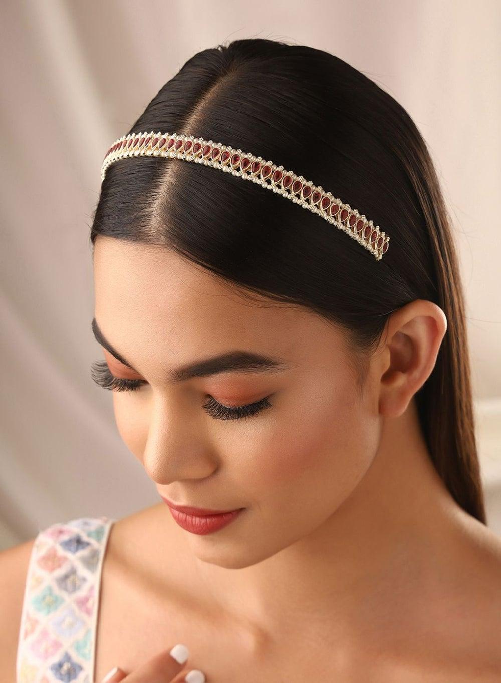 Gold-Toned Red Kundan Elegance Hairband - Image 1