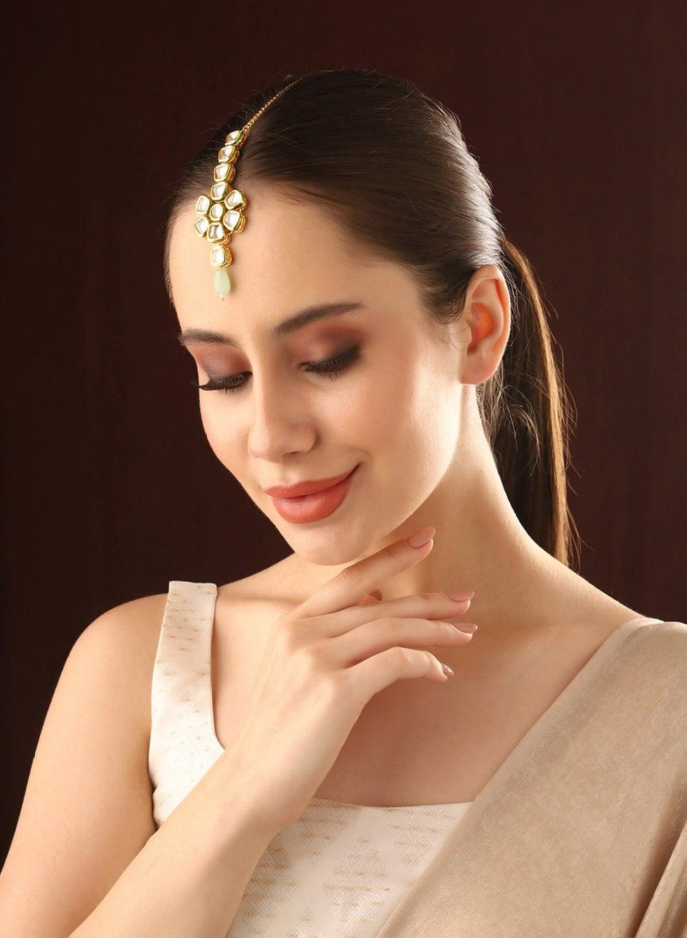 Gold & Sea Green Kundan Beaded Maang Tikka - Image 1