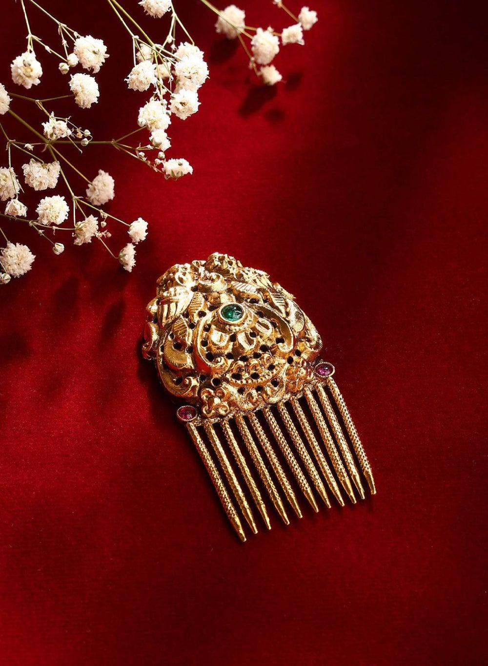 Twin Peacock Gold & Pink Embellished Comb Pin - Image 1