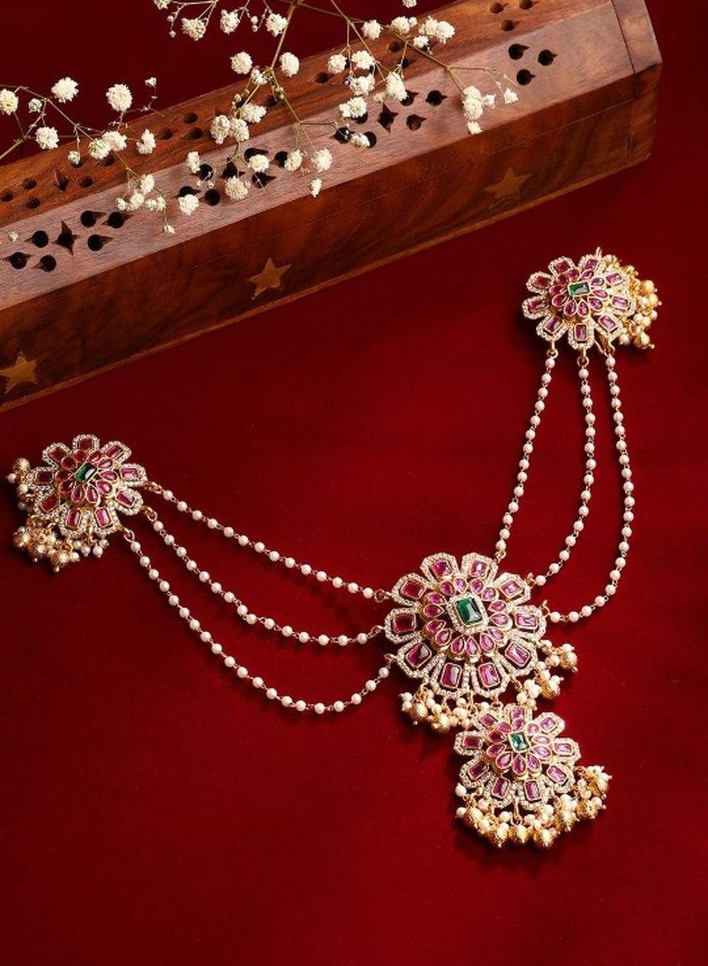 Floral Stoned Pearl Beaded Bobby Pins - Gold & Pink - Image 1