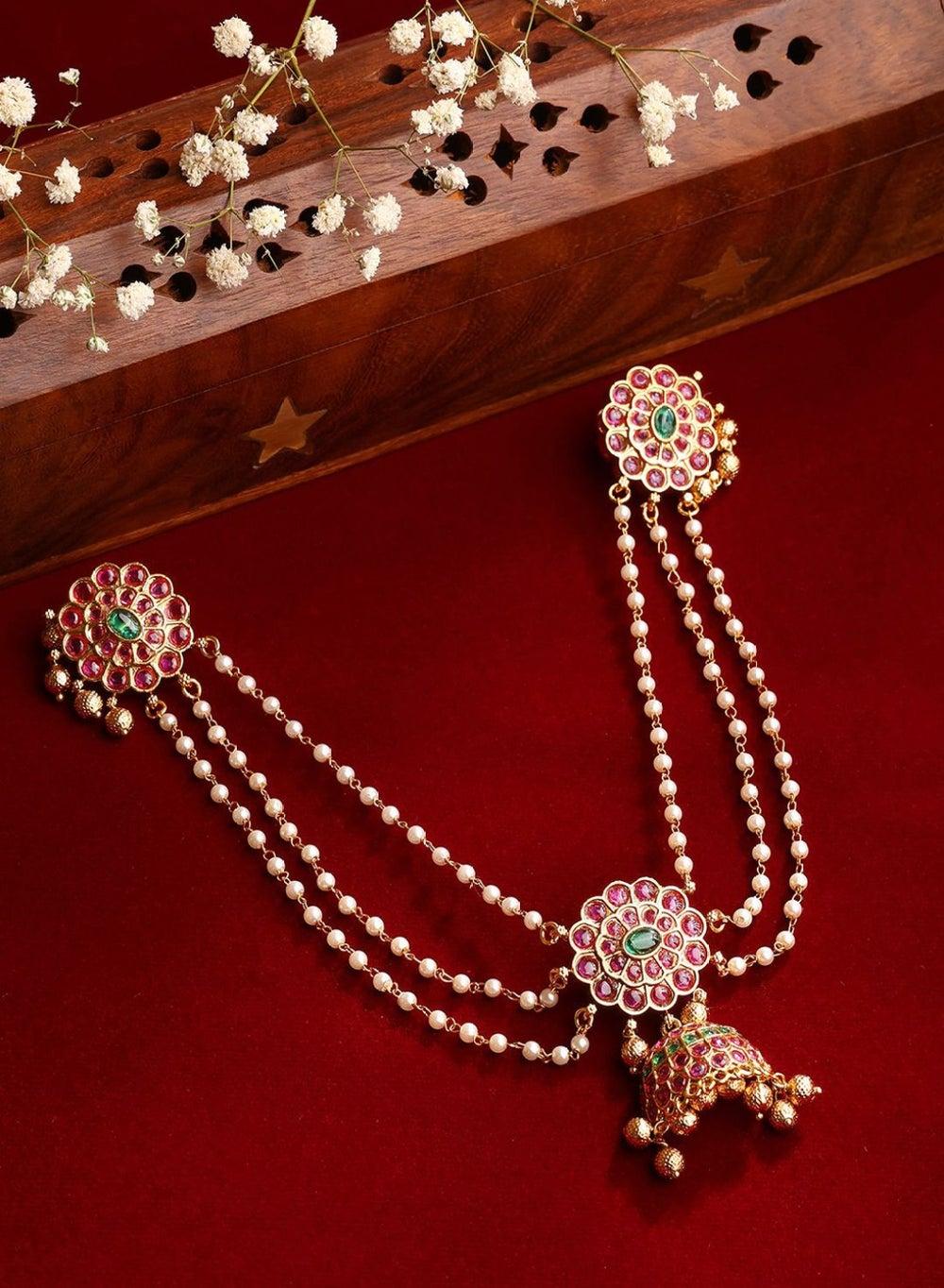 Gold-Toned & Pink Beaded Layered Hair Chain Set - Image 1