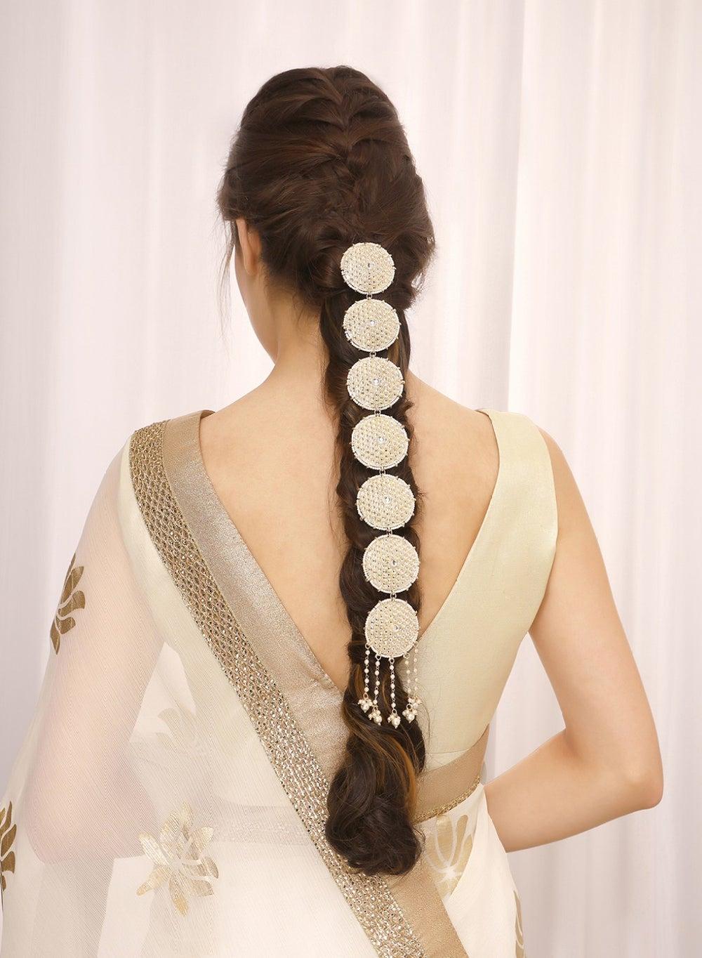Gold-Plated & White Kundan-Studded Pearl Choti - Image 1