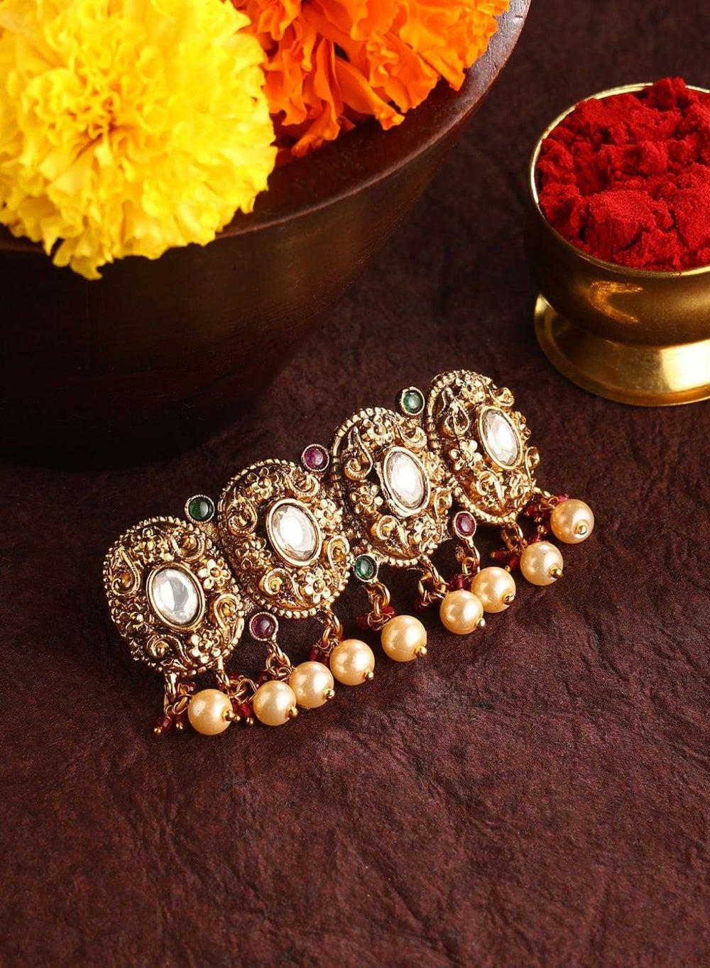 Gold-Toned & Pink Beaded Alligator Hair Clip - Image 1