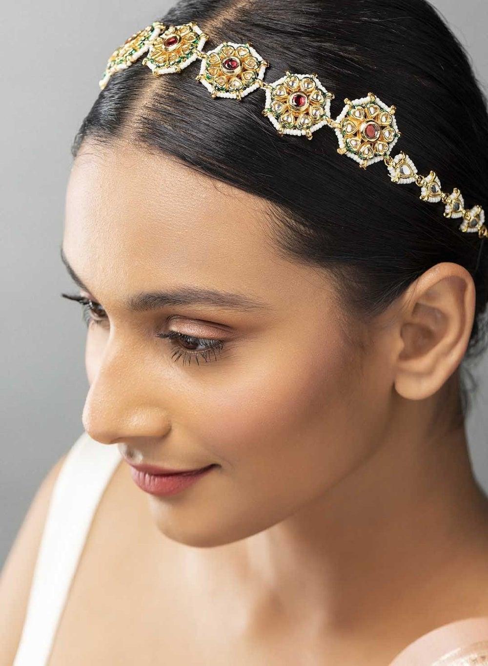 Elegant Heart Flowers Kundan Beaded Mathapatti Bridal Piece - Image 1
