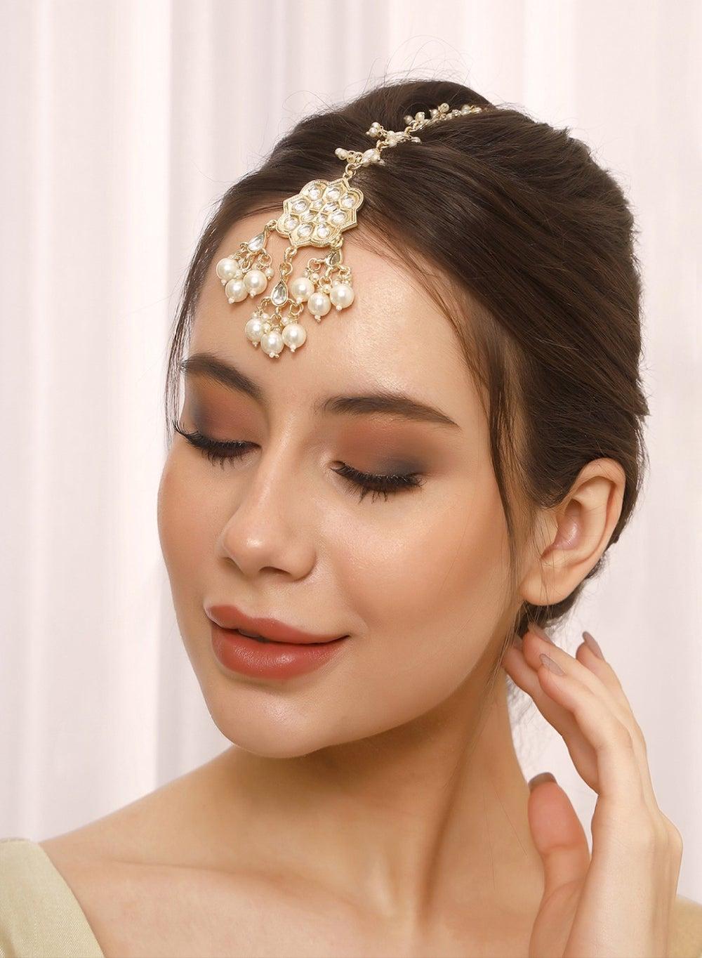 Elegant Flower Kundan Beaded Maang Tikka - Image 1