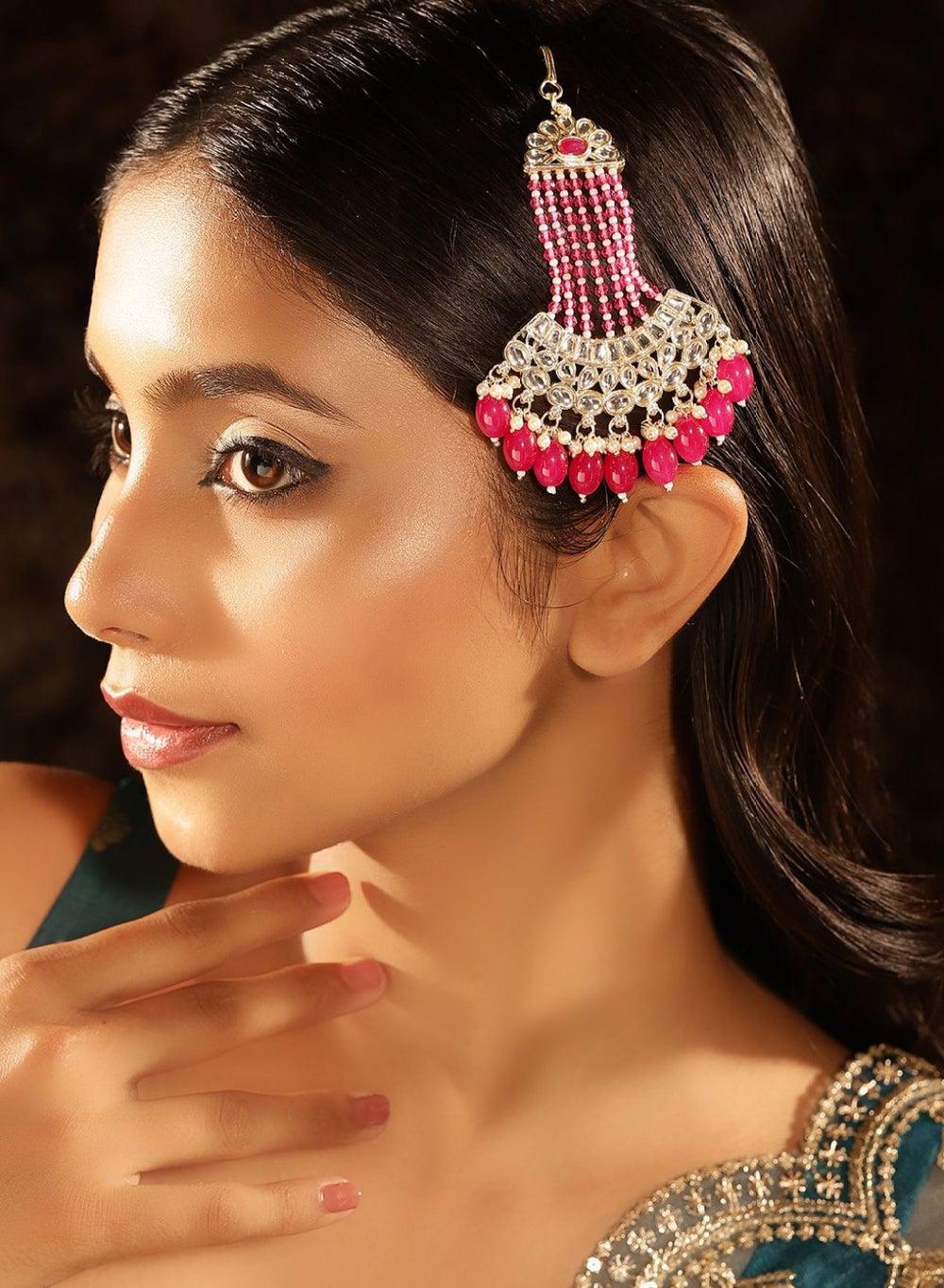 Elegant Kundan-Studded Pink & Gold Jhumar Passa - Image 1