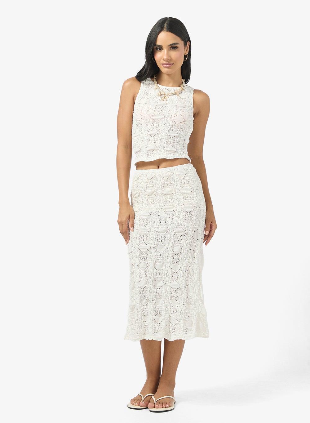 White Crochet Knit Top & Skirt Coord Set - Image 1