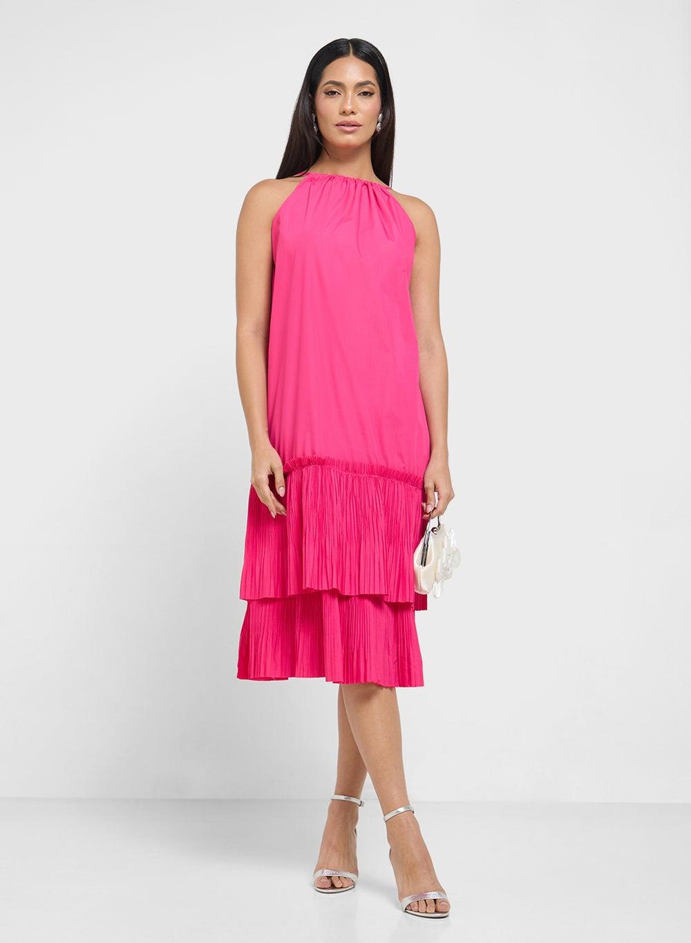 Hot Pink Halter Neck Tiered Midi Dress Clt254067 - Image 1