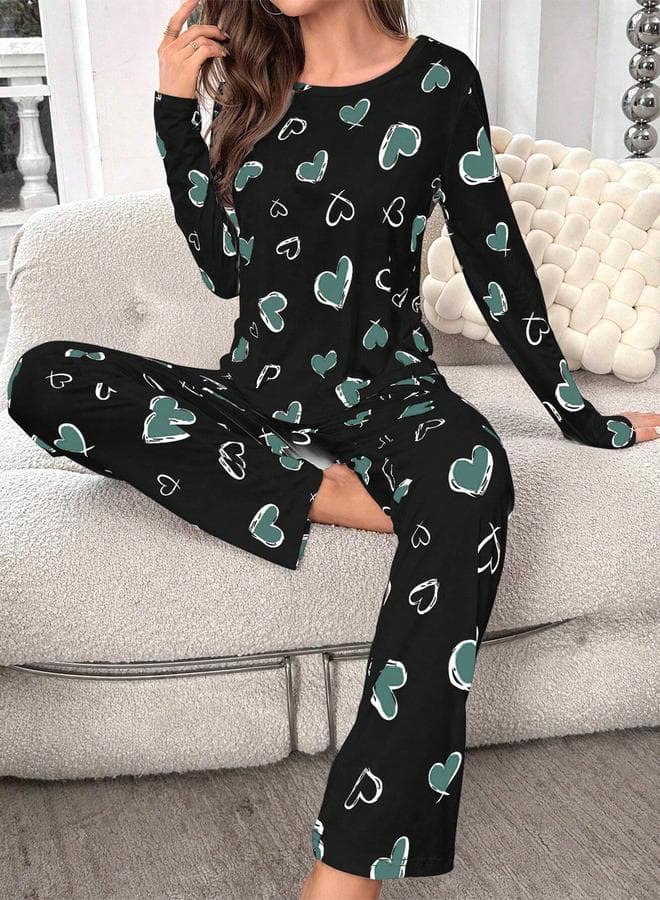 Take Two Heart Print Long Sleeve Pyjama Set - Image 1