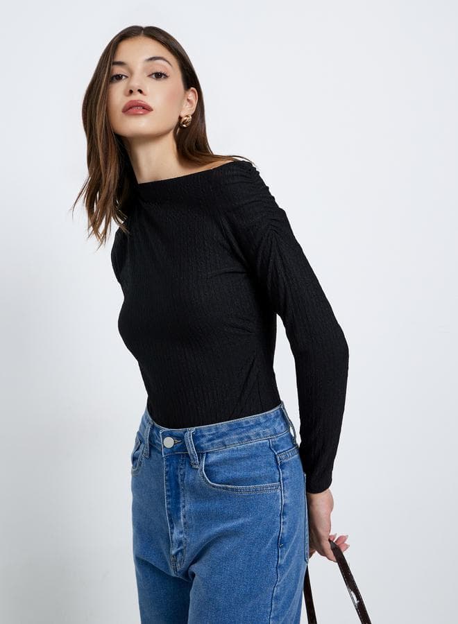 Styli Black Textured One-Shoulder Slim Bodysuit - Image 1