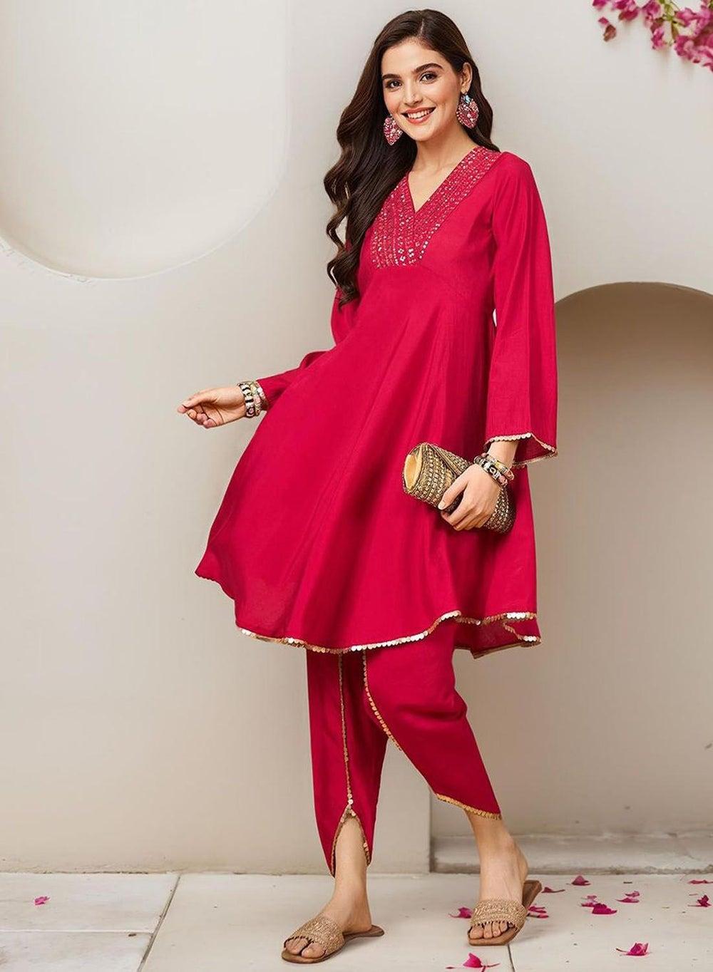 Pink Cotton Self Design Palazzo Kurta Set - Image 1