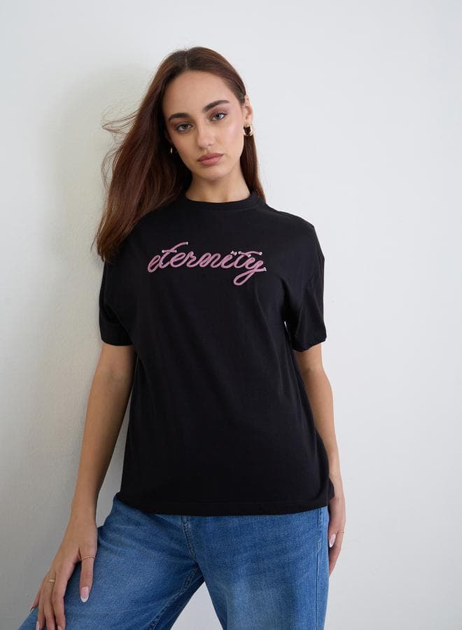 Styli Black Infinity Rope Embroidered Cotton T-Shirt - Image 1